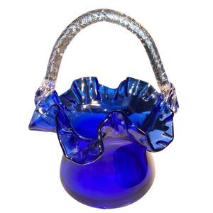 Vintage Cobalt Blue Glass Basket with clear Rope Applied Handle 7.5”
